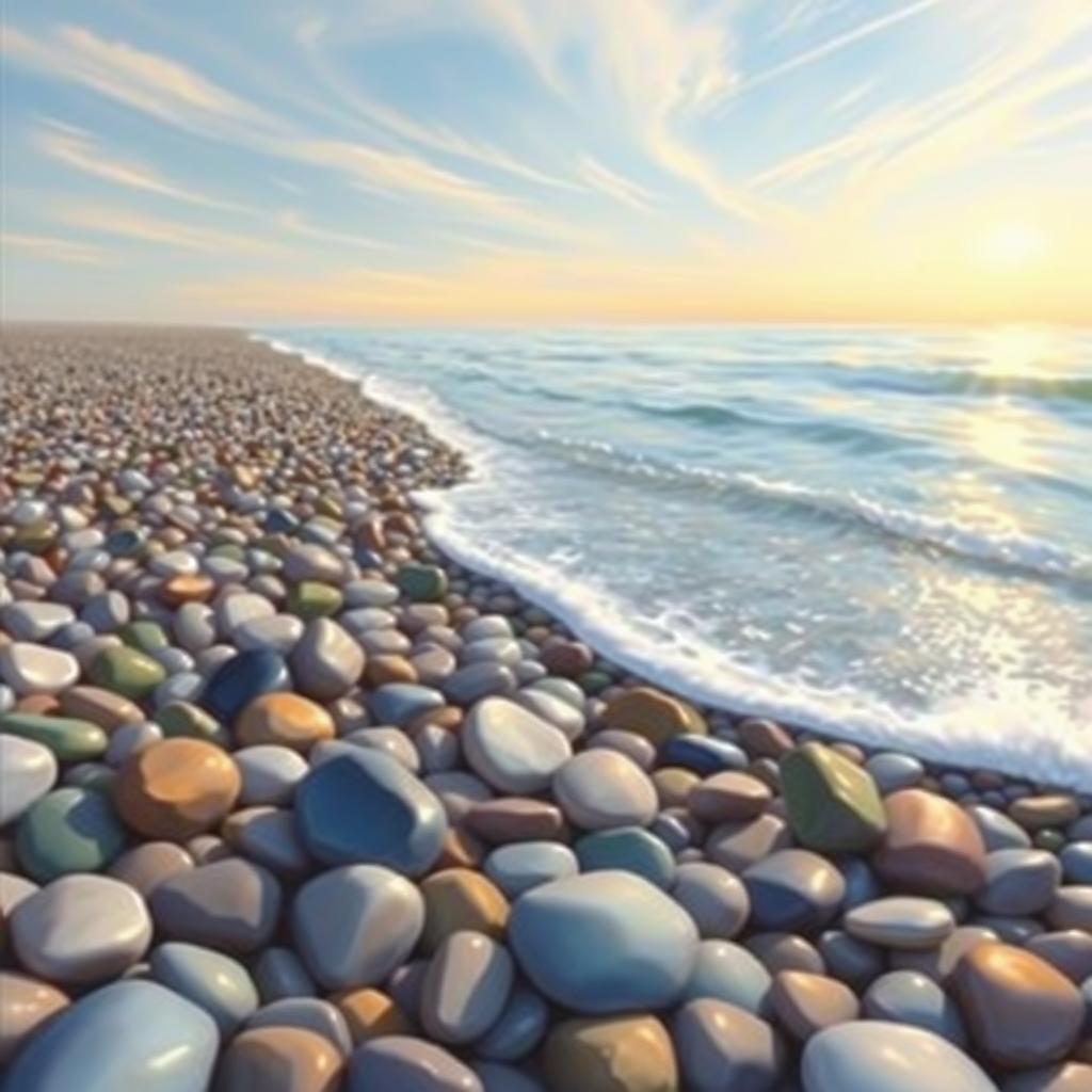 A beautifully detailed painting of a coastal scene featuring smooth pebbles (βότσαλα) scattered along the beach