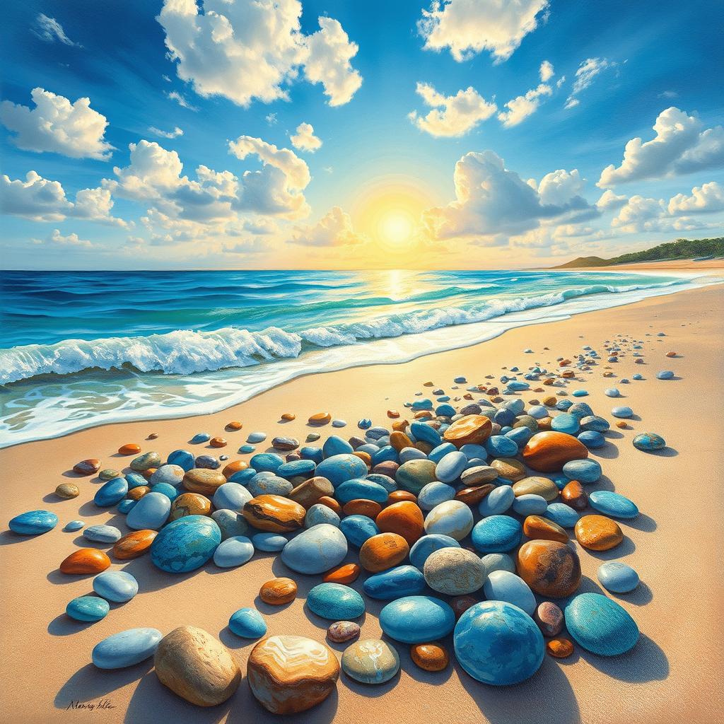 An artistic depiction of a tranquil beach scene featuring an assortment of colorful pebbles (βότσαλα) scattered across the sandy shore