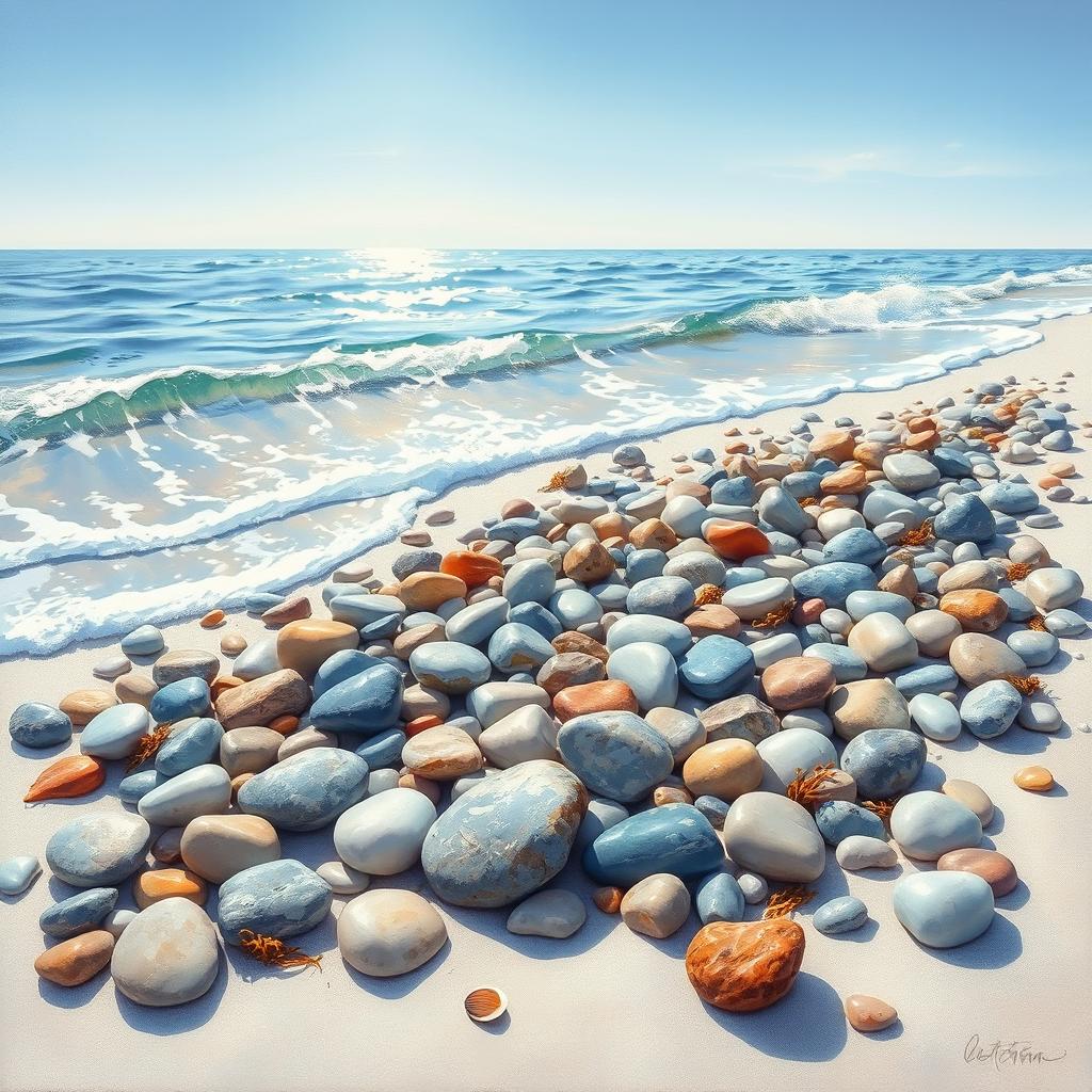 A beautiful and serene painting of pebbles on a beach, showcasing the smooth, colorful stones scattered on the shore