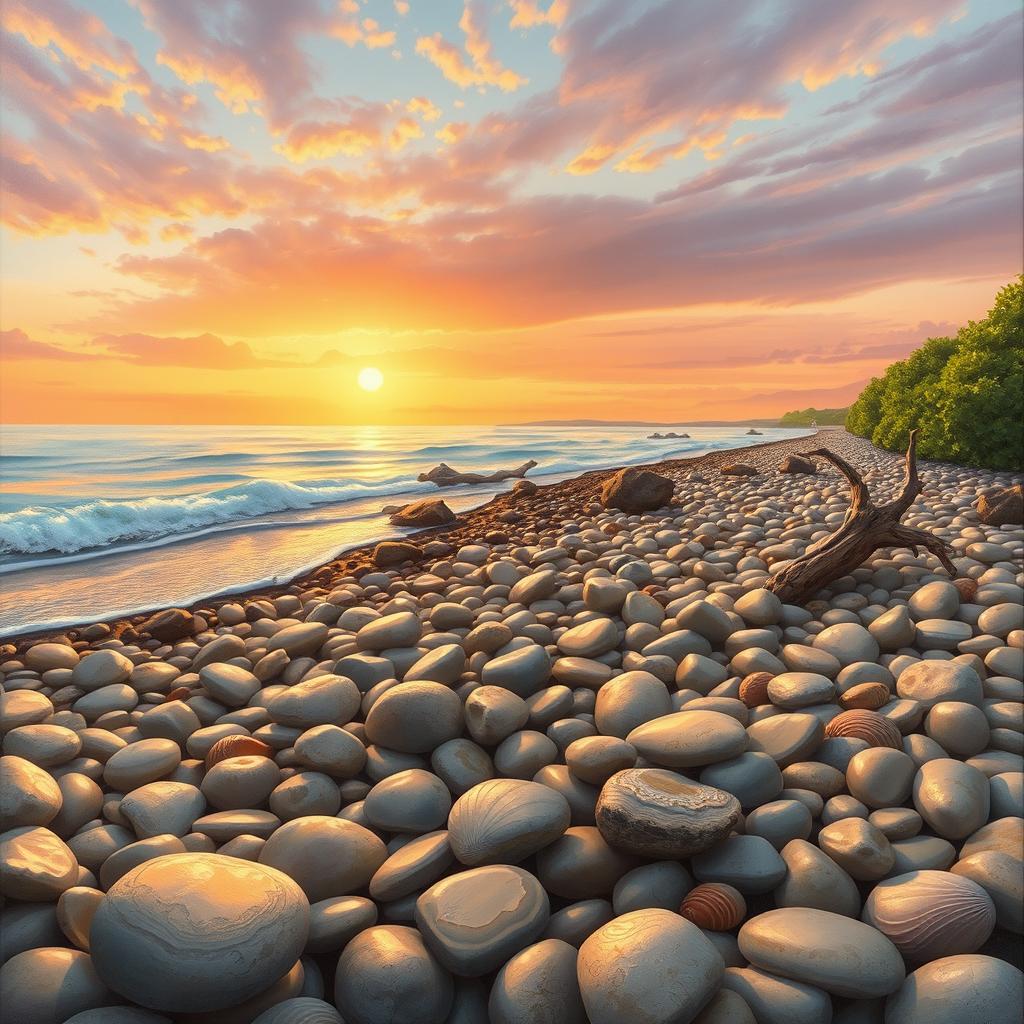 A beautiful landscape painting depicting smooth pebbles on a serene beach shore, with gentle waves lapping at the rocks