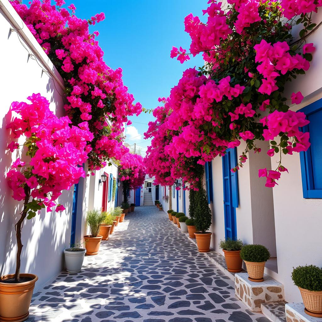 A cobblestone alley in Mykonos, adorned with vibrant bougainvillea flowers in full bloom