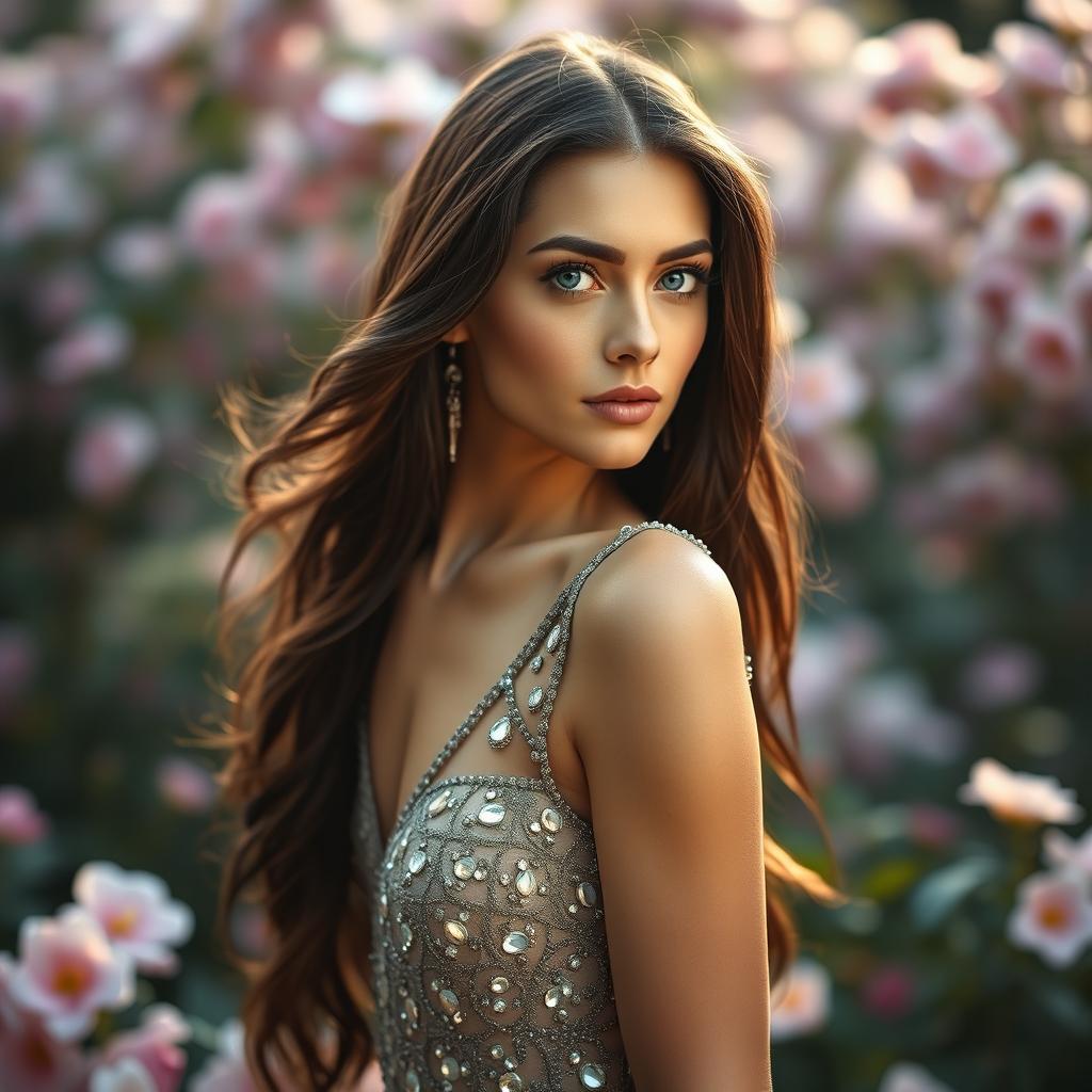 A stunning portrait of an elegant woman named Belina, featuring her with long flowing dark hair and striking blue eyes