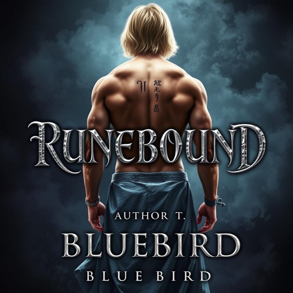 An enchanting medieval-fantasy book cover titled "RUNEBOUND" displayed prominently in the middle in silver cursive lettering, enhanced by a subtle shadow effect that adds depth and elegance