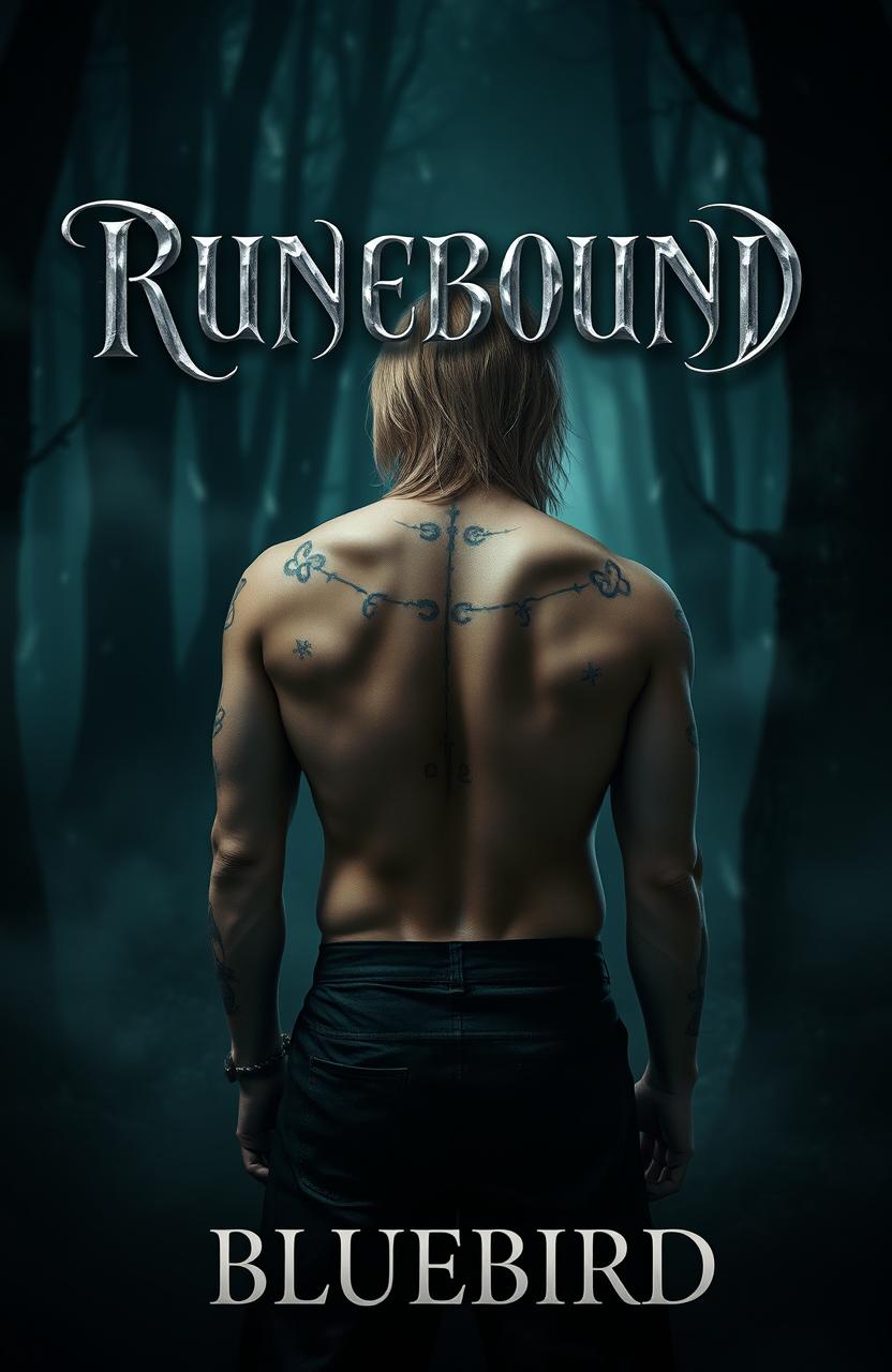 A dark mystical forest setting with a male figure standing confidently, facing away from the viewer
