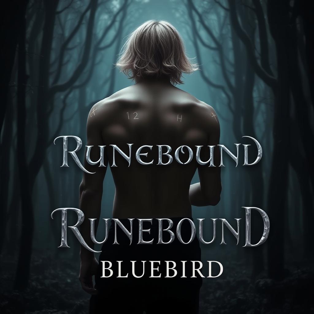 In a shadowy mystical forest, a male figure stands with his bare back toward the viewer, showcasing faintly glowing mystic rune markings that elegantly trace across his back and arms