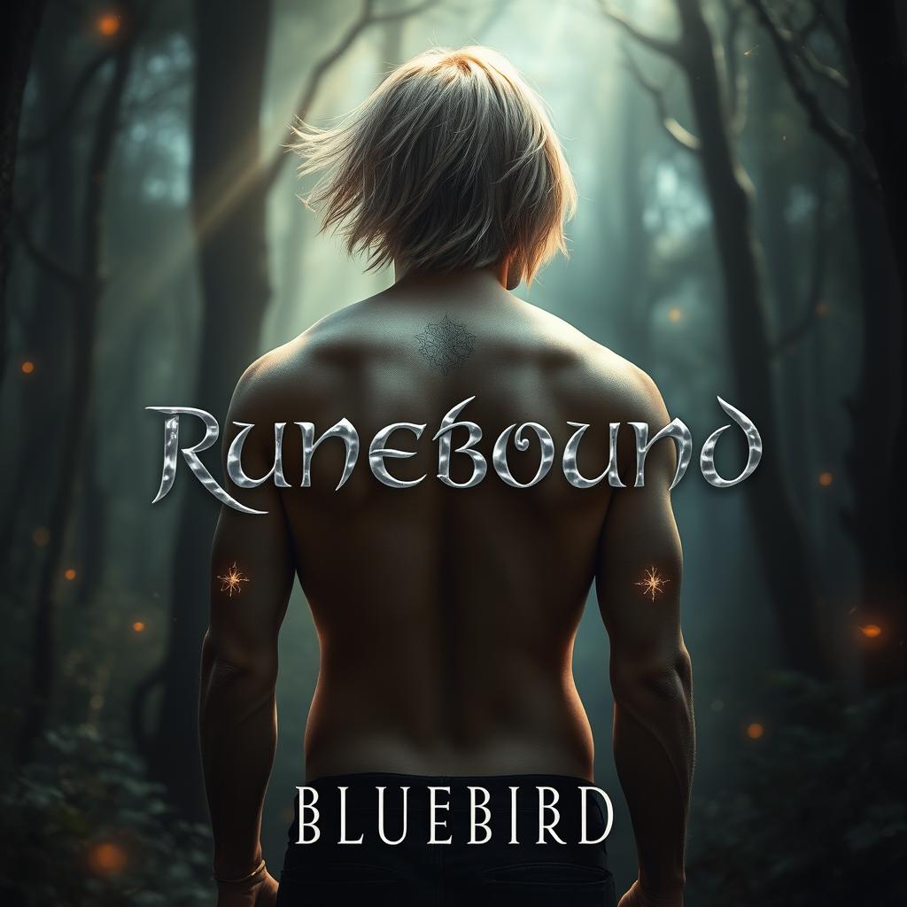 An enchanted forest scene featuring a male figure with his bare back turned to the viewer, revealing ethereal mystic rune markings that emit a faint glow on his back and arms