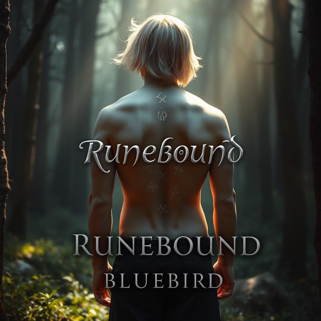 An enchanting scene set in a mystical forest where a male figure stands with his bare back towards the viewer, revealing softly glowing mystic rune markings intricately designed across his back and arms