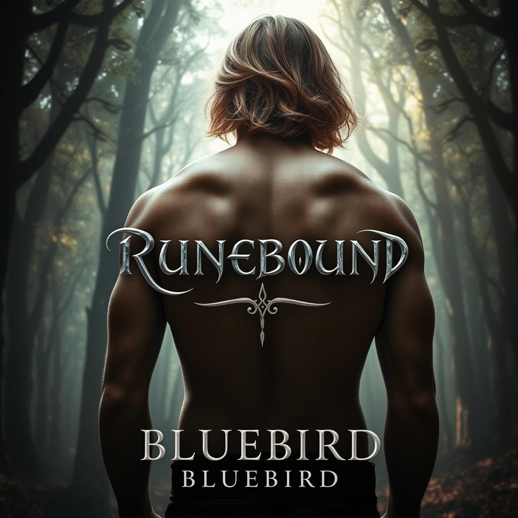 Inside a captivating and mystical forest, a male figure stands with his bare back facing the viewer, his skin adorned with softly glowing mystic rune markings that illuminate the shadows around him