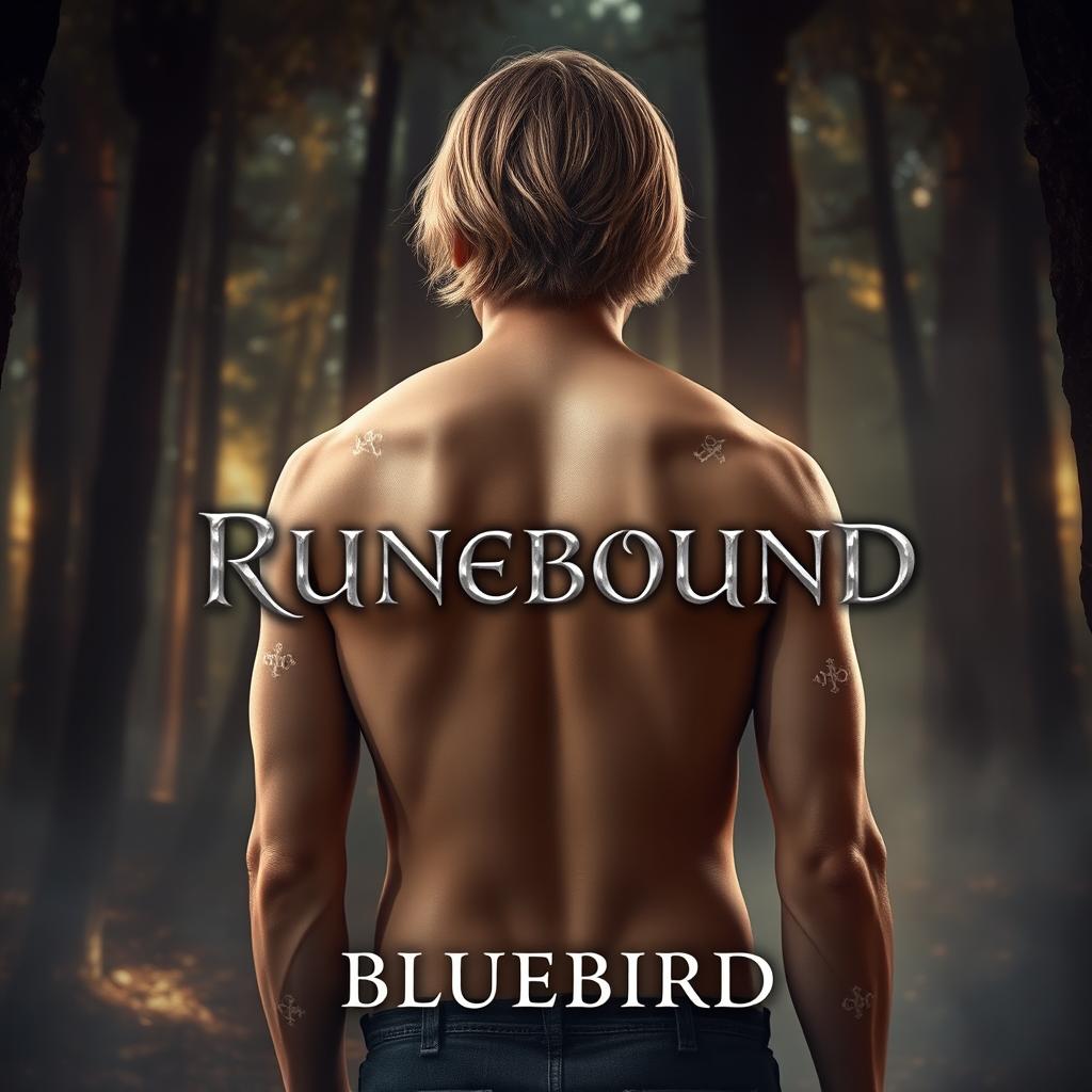 In a mystical forest bathed in soft, magical light, a male figure stands with his bare back to the viewer, showcasing delicate mystic rune markings glowing faintly across his skin on his back and arms