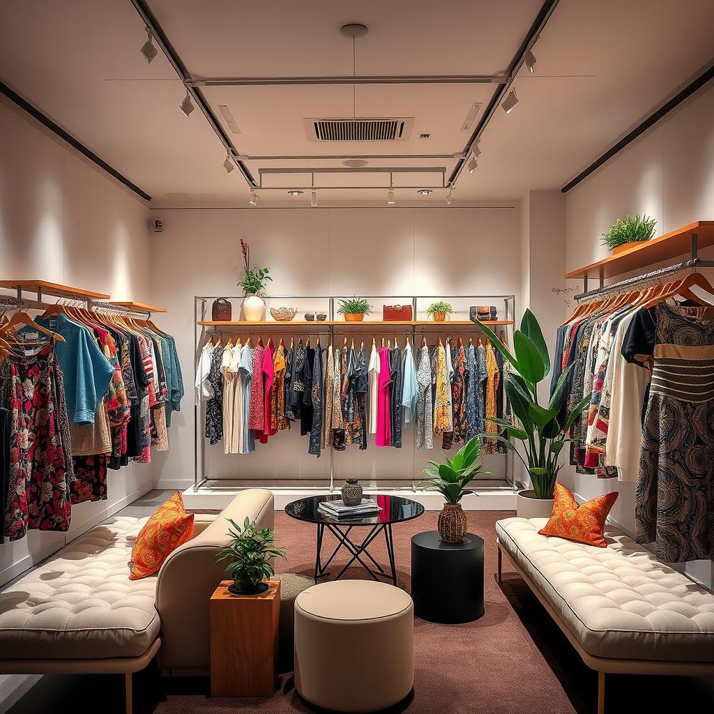 An elegantly designed boutique with an inviting interior, featuring minimalist decor and soft lighting