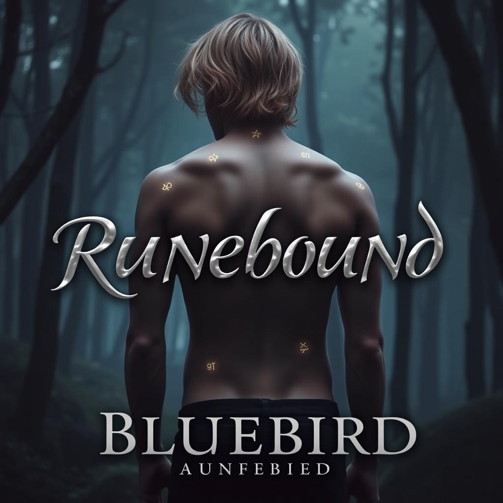 In a captivating and mystical forest, a male figure stands with his bare back facing the viewer