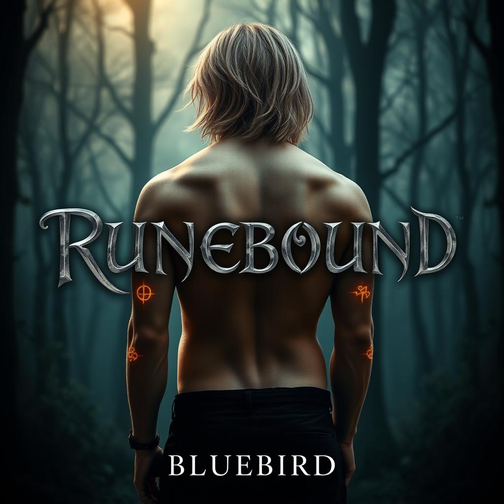 In a mystical and enchanting forest setting, a male figure stands with his bare back facing the viewer, showcasing alluring mystic rune markings that glow faintly on his back and arms