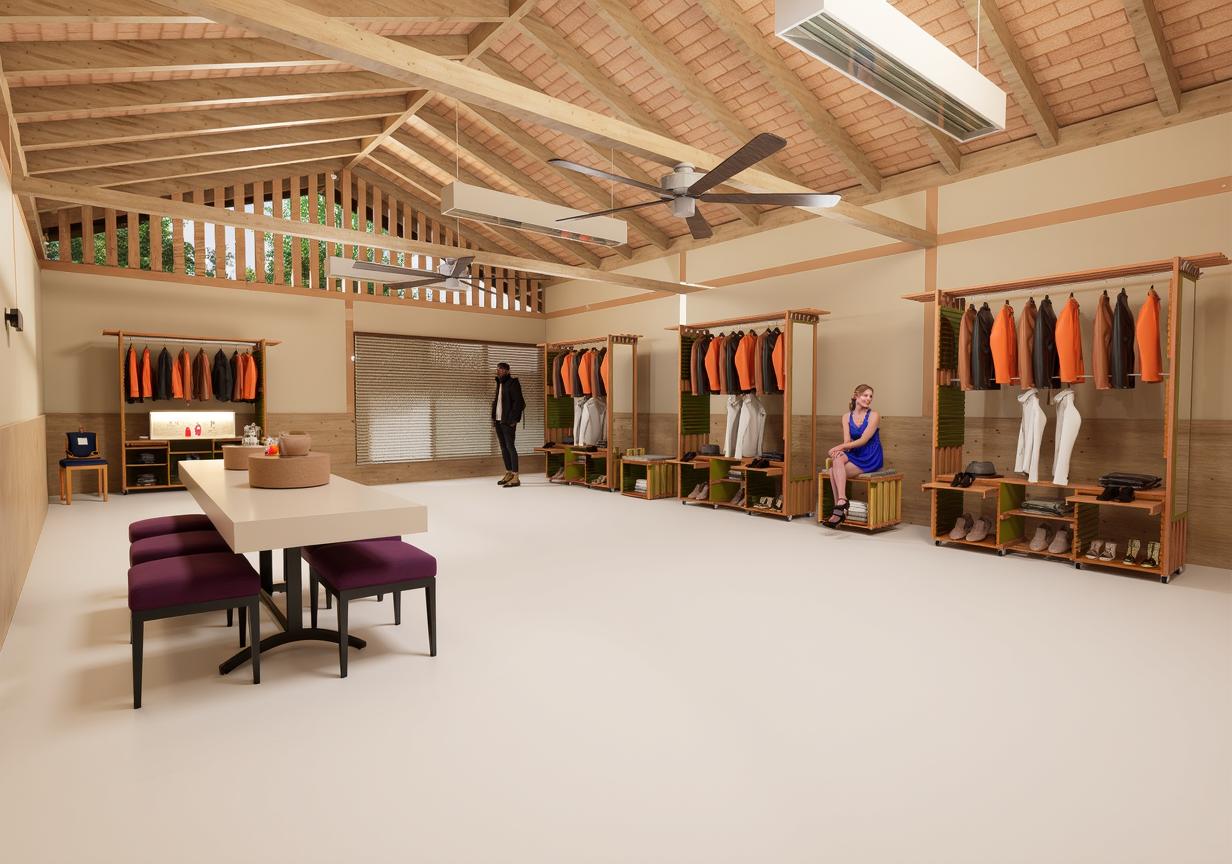 A spacious and stylish boutique interior featuring wooden beams and a warm, inviting atmosphere