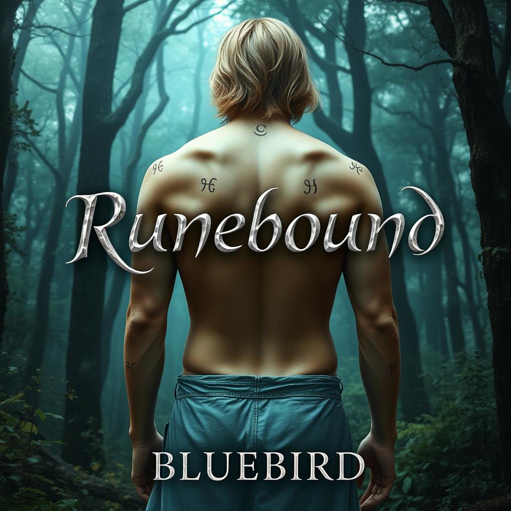 In a mesmerizing and enchanted forest setting, a male figure stands with his bare back facing the viewer, displaying faintly glowing mystic rune markings on his back and arms