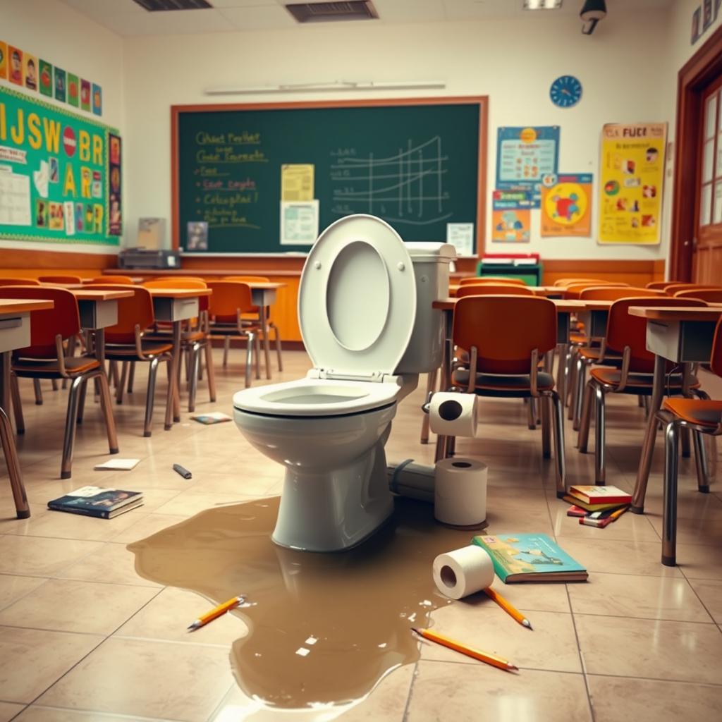 A scene depicting a classroom with a broken toilet