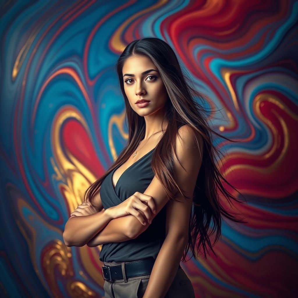 A striking portrait of a confident young woman with long, flowing hair standing against a vibrant, abstract background of swirling colors in shades of blue, red, and gold