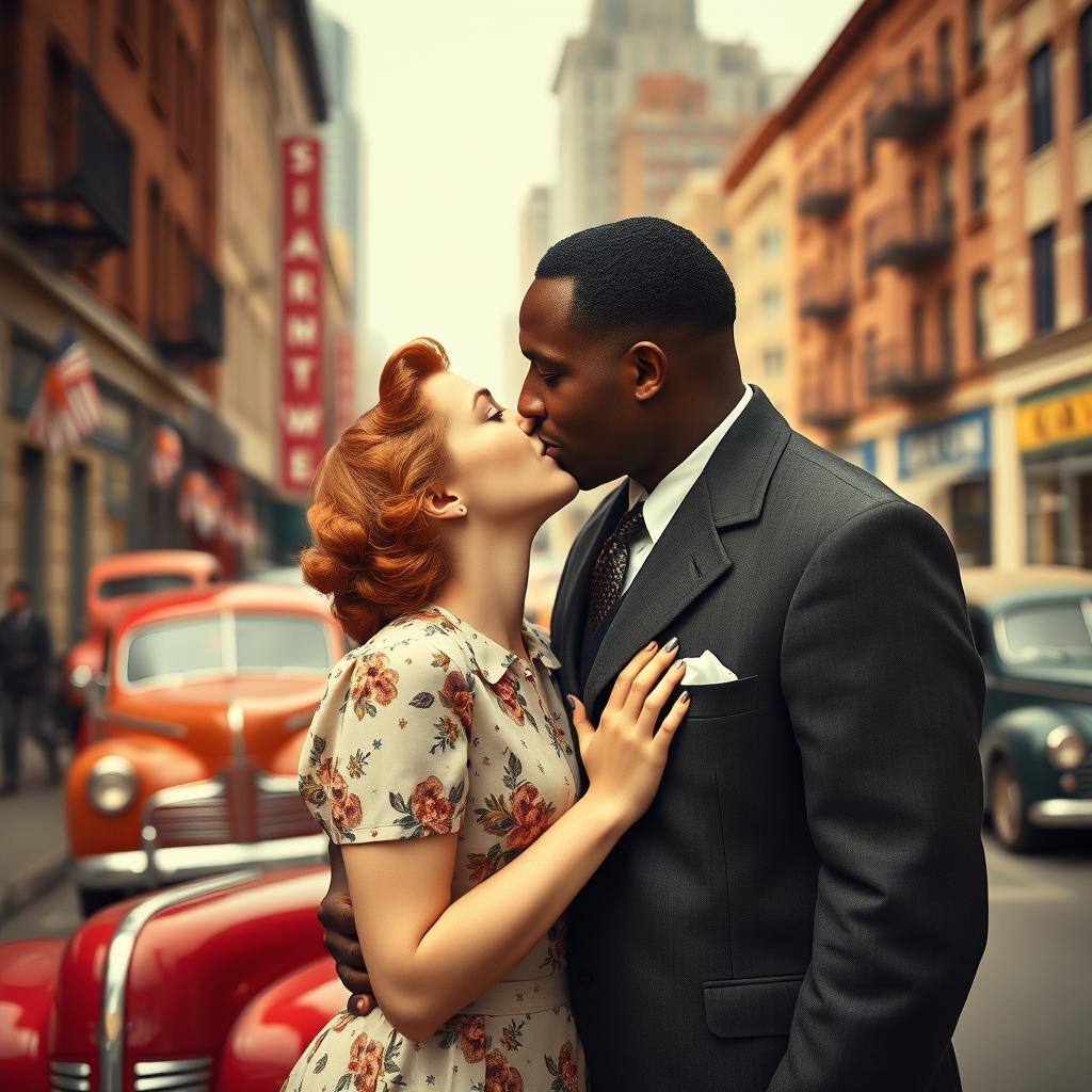 A strong young Black man passionately kissing a young red-haired woman in 1940, capturing a moment full of romance and era-specific details