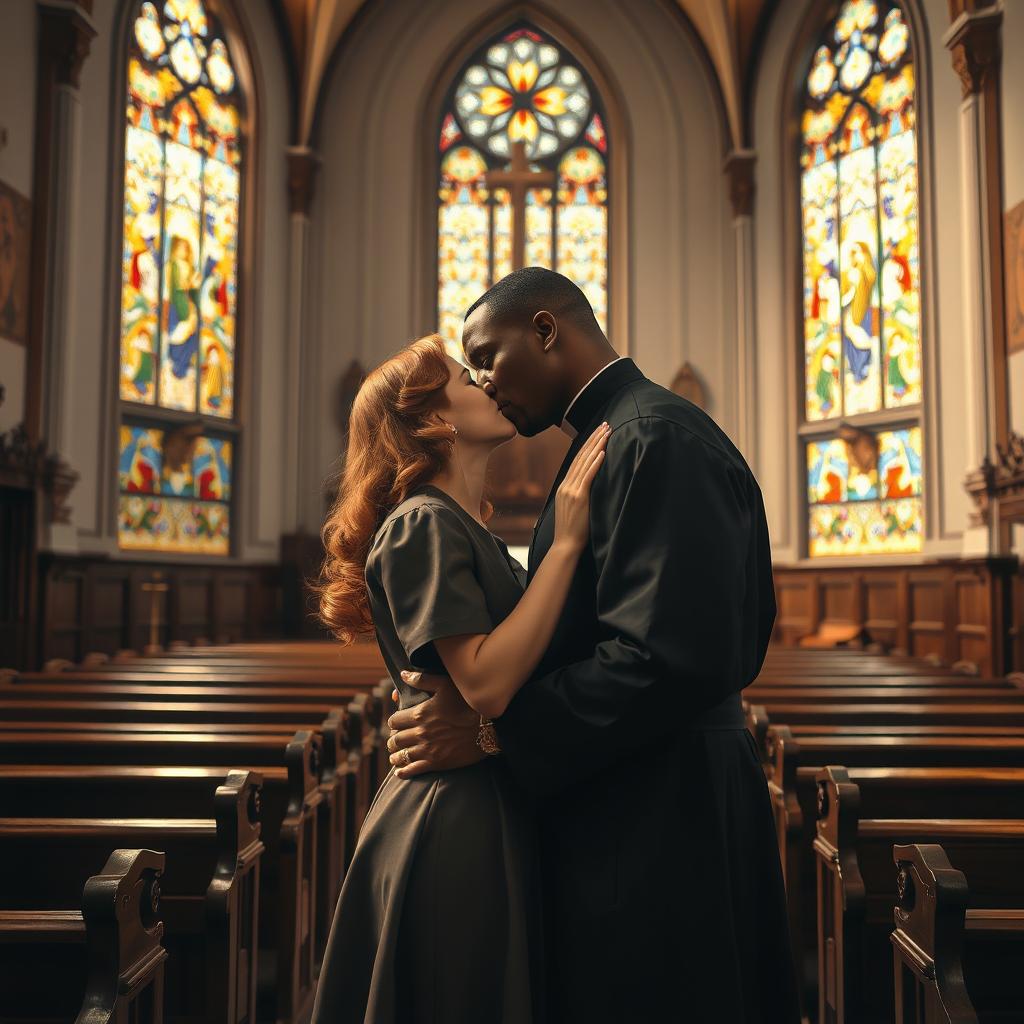 A strong young black priest kissing a young red-haired woman inside a beautiful, vintage church setting from the 1940s