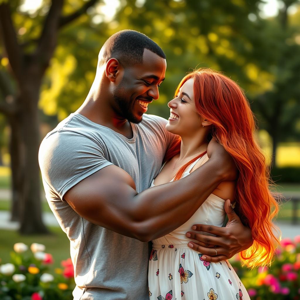 A strong young Black father gently embracing a young woman with vibrant red hair