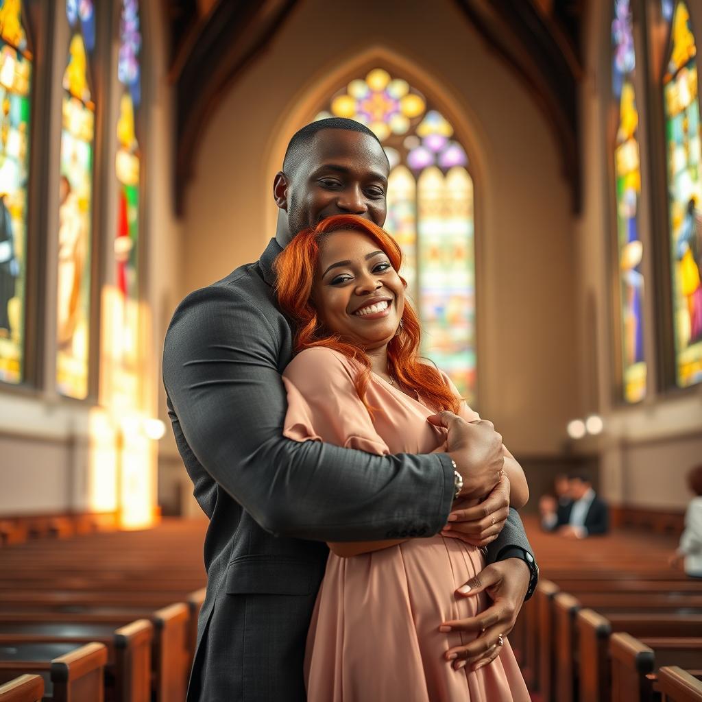 A strong young Black father warmly embracing a young woman with vibrant red hair inside a beautiful church setting
