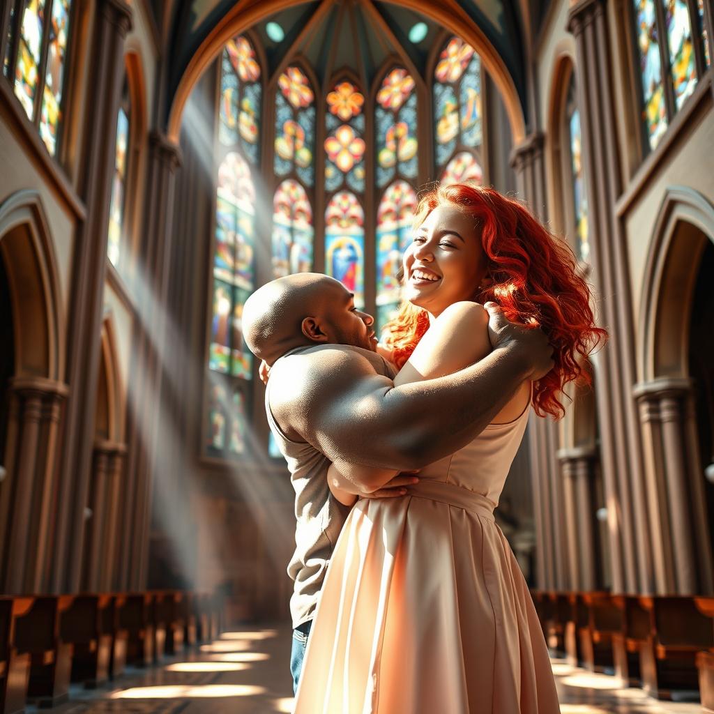 A strong young Black father tenderly embracing a young woman with striking red hair inside a beautiful church