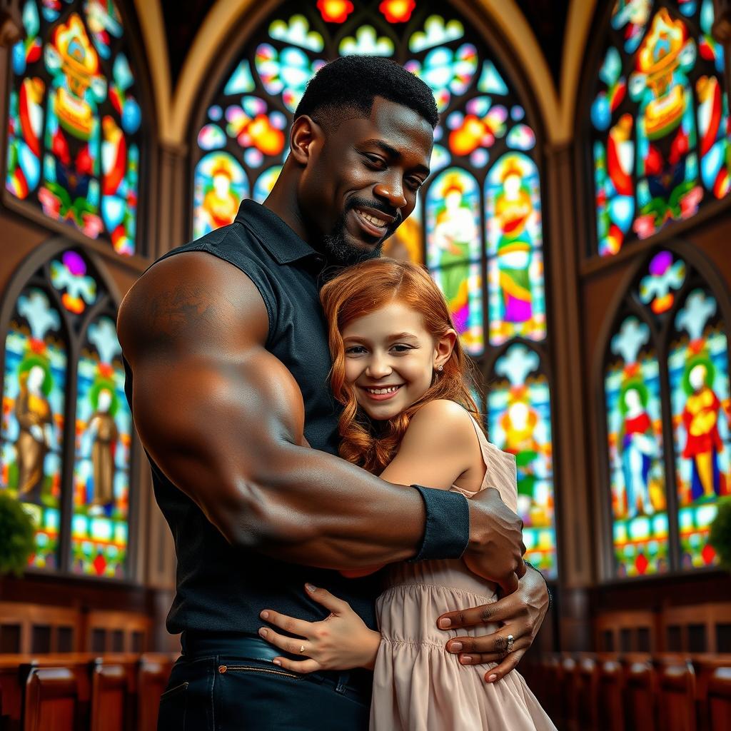 A strong young Black father tenderly embracing a young red-haired teenage girl inside a beautifully adorned church