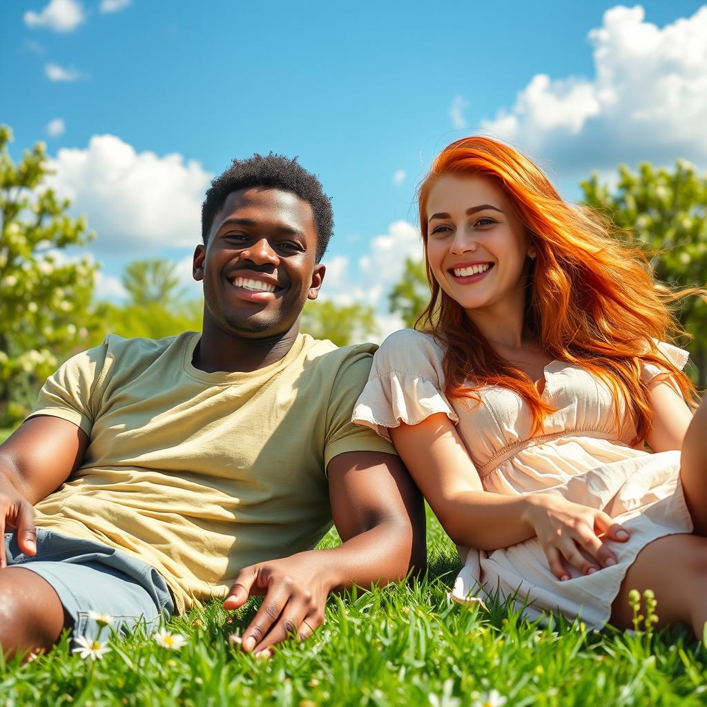 A strong black young man lying down next to a young redhead woman