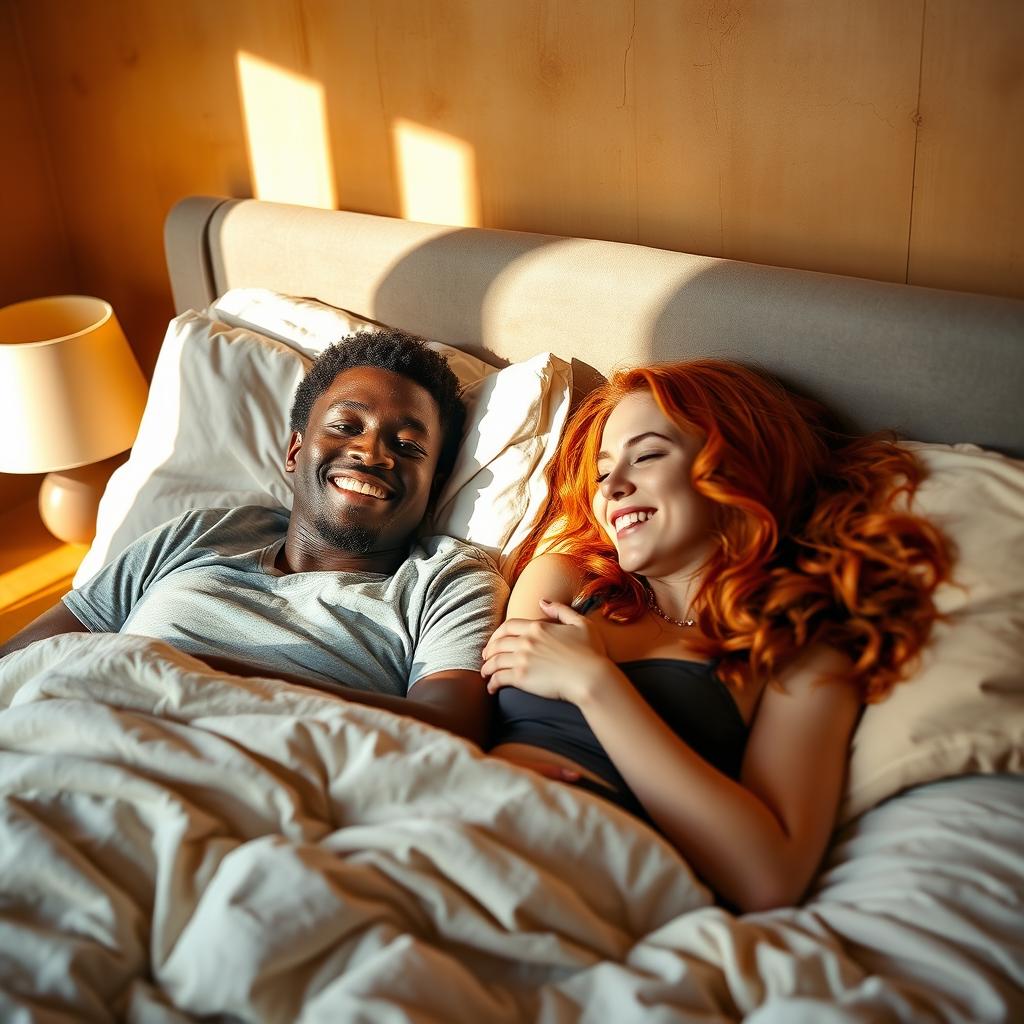 A strong black young man lying on a bed next to a young redhead woman