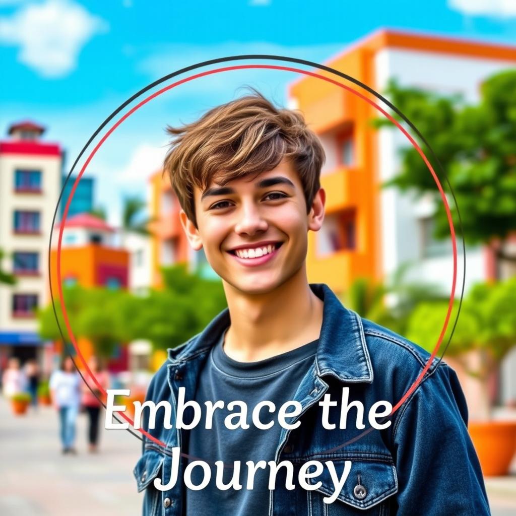 A stylish social media profile picture featuring a charismatic young adult with a warm smile, standing outdoors in a vibrant urban setting
