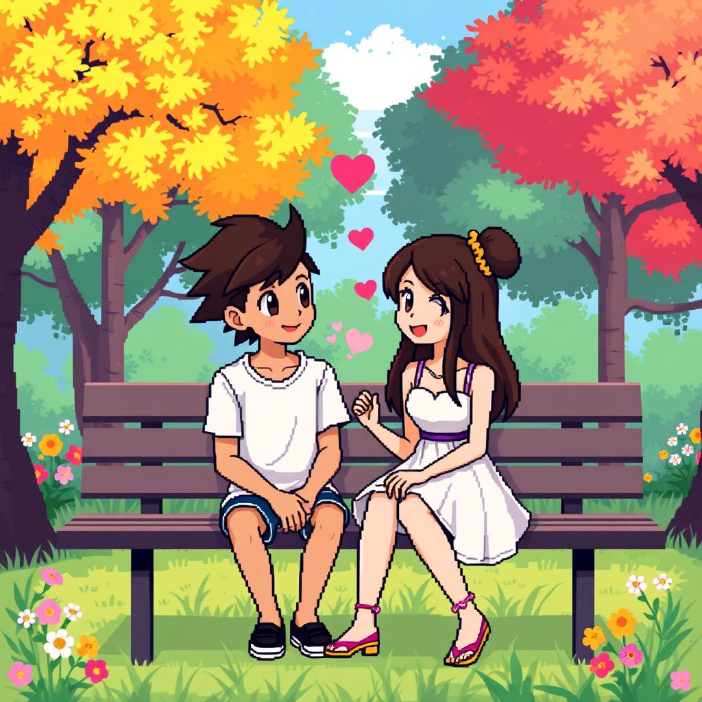 A pixel art depiction of a boy and a girl inspired by the style of Pokémon