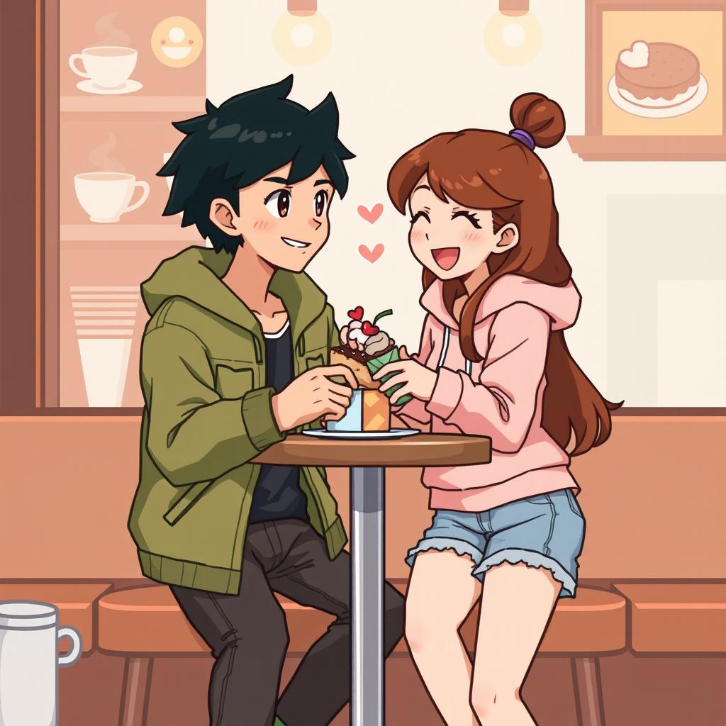 A pixel art illustration of a boy and a girl inspired by the Pokémon style