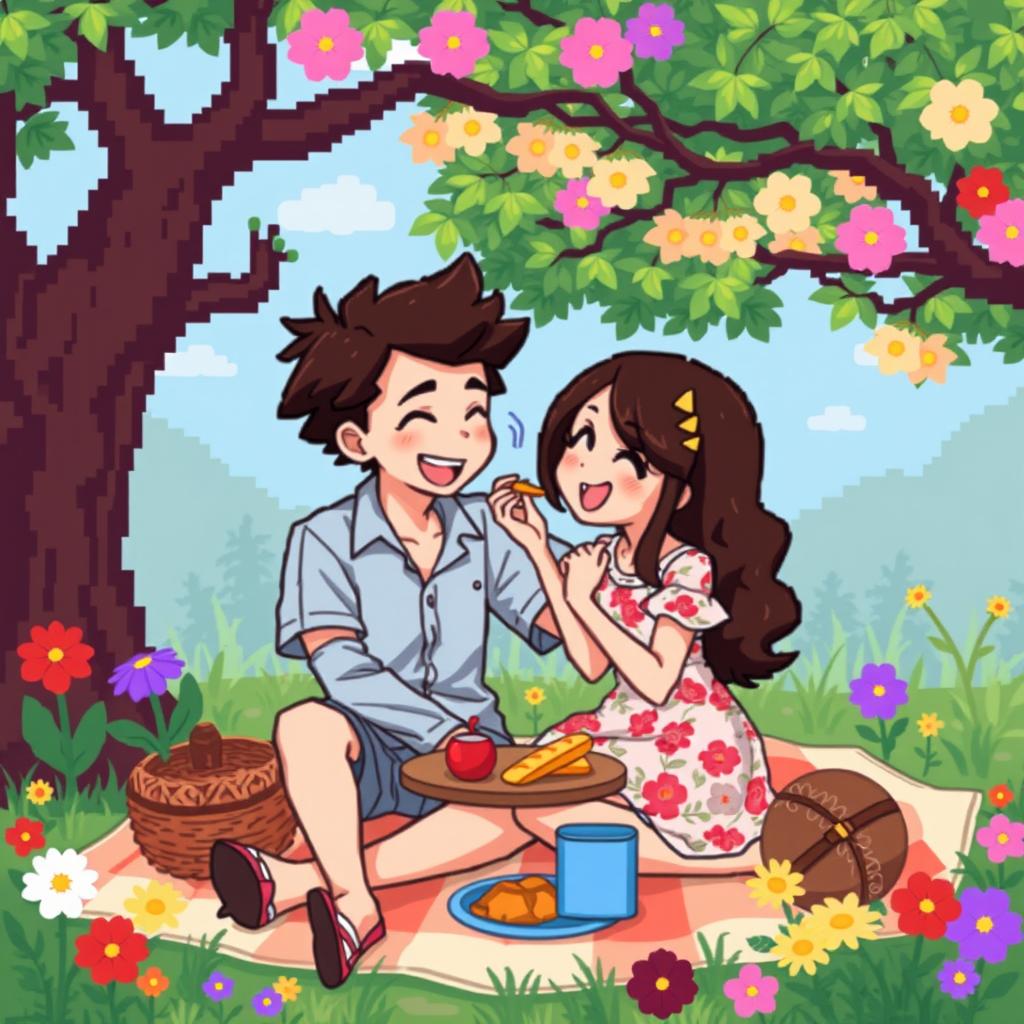 A pixel art scene featuring a boy and a girl inspired by Pokémon style