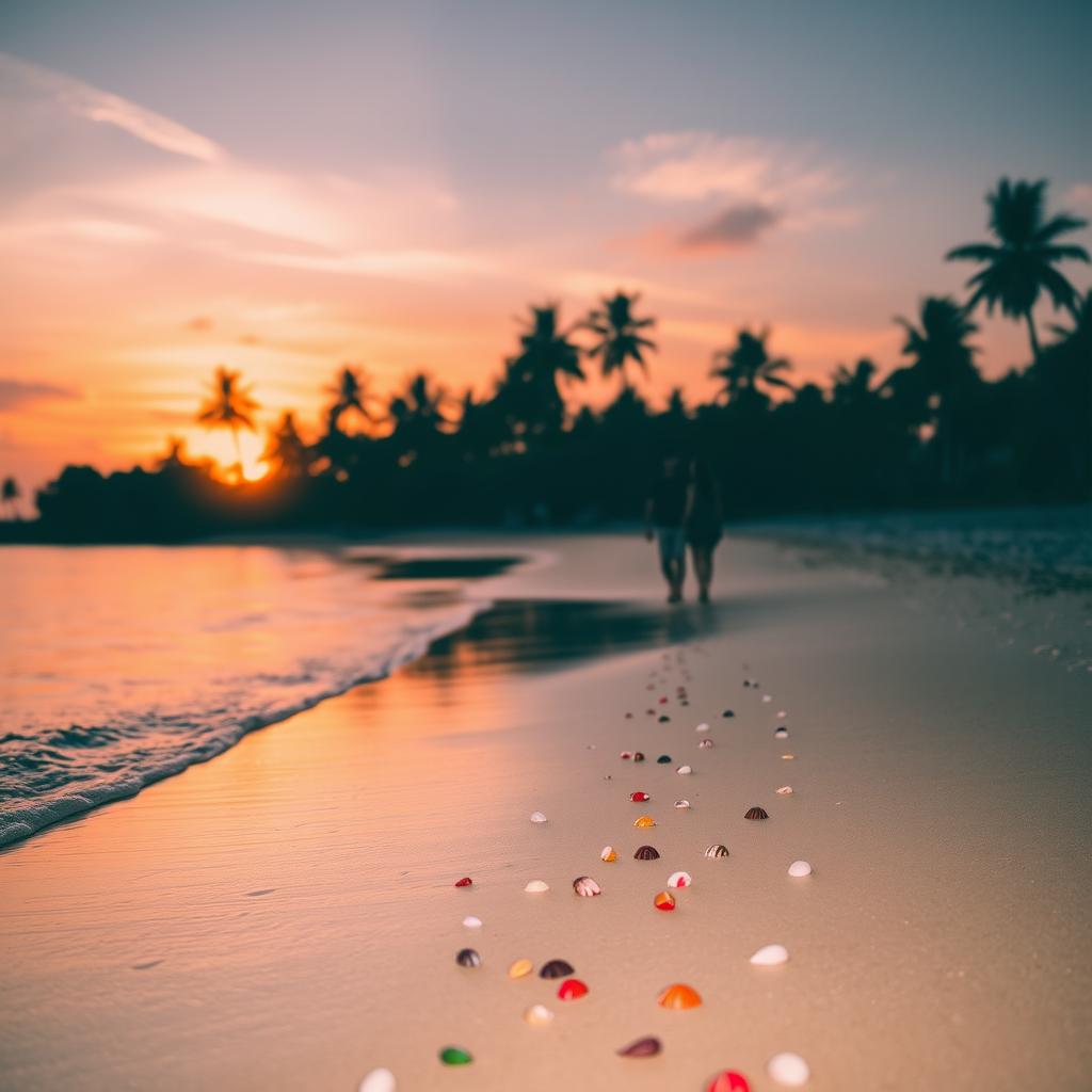 A stunning scene of a tranquil beach at sunset, featuring gentle waves lapping at the shore, with colorful seashells scattered across the sand