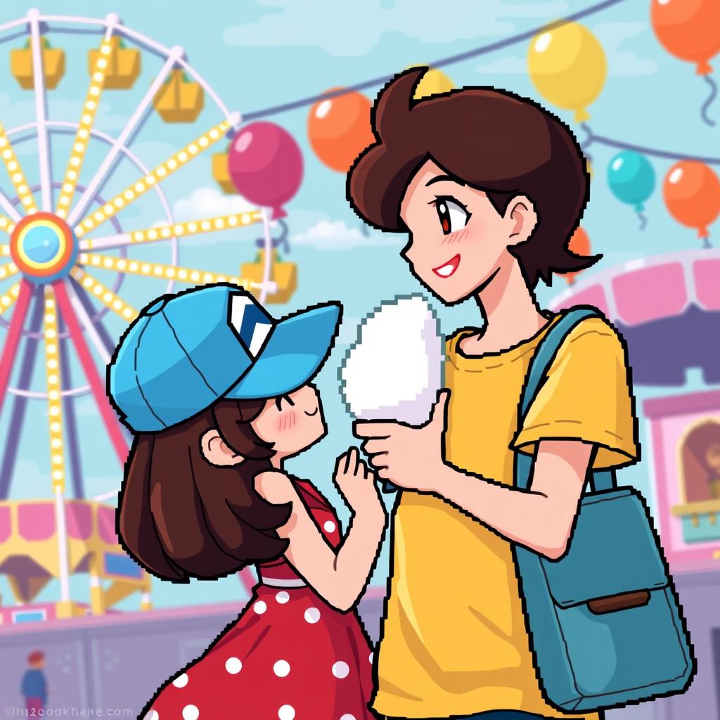 A pixel art scene featuring a boy and a girl inspired by the Pokémon style