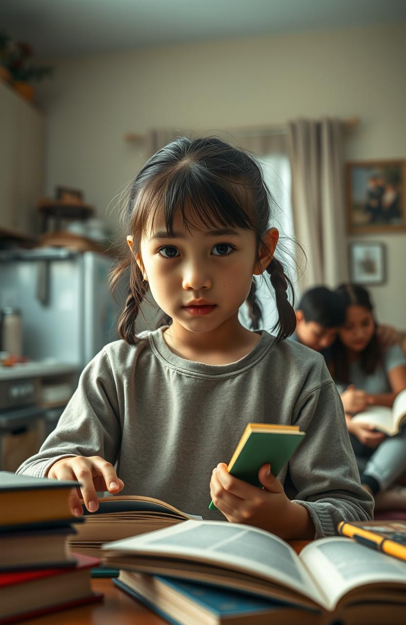 A poignant scene depicting a young girl, the eldest daughter in her family, displaying resilience as she helps her family while battling her own mental illness