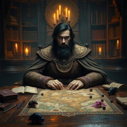 A bearded aristocrat with dark hair sitting at a large, ornate wooden table in a fantastical Dungeons & Dragons setting