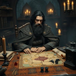 A bearded aristocrat with dark hair sitting at a large, ornate wooden table in a fantastical Dungeons & Dragons setting