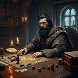 A bearded aristocrat with dark hair sitting at a large, ornate wooden table in a fantastical Dungeons & Dragons setting