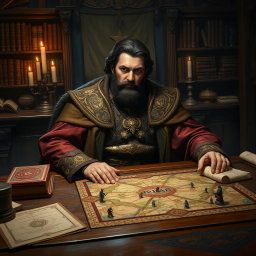 A bearded aristocrat with dark hair sitting at a large, ornate wooden table in a fantastical Dungeons & Dragons setting