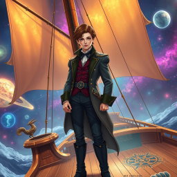 A young aristocrat with brown hair, dressed in stylish yet elegant attire, standing on the deck of a vibrant Spelljammer ship