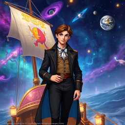 A young aristocrat with brown hair, dressed in stylish yet elegant attire, standing on the deck of a vibrant Spelljammer ship
