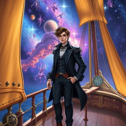 A young aristocrat with brown hair, dressed in stylish yet elegant attire, standing on the deck of a vibrant Spelljammer ship