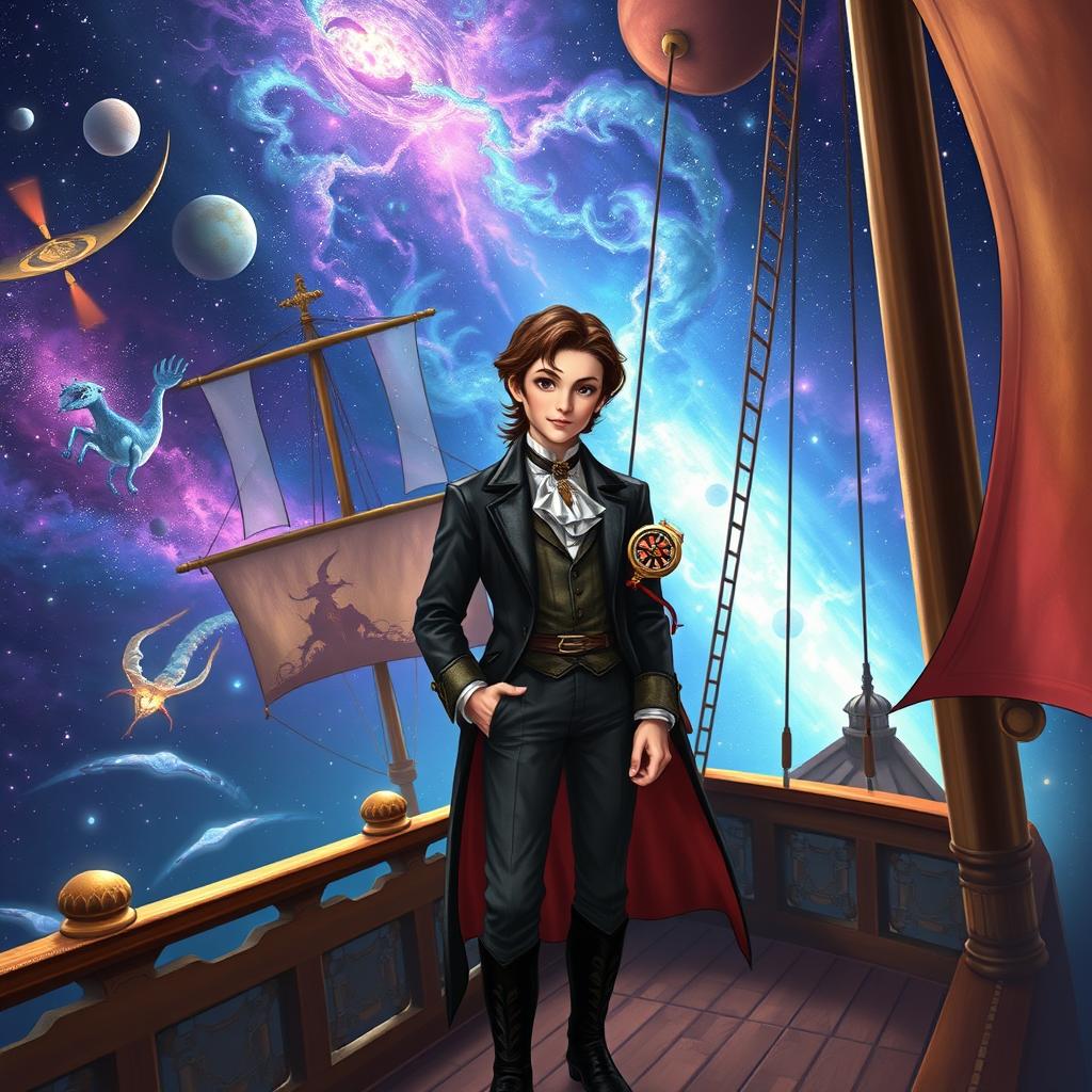A young aristocrat with brown hair, dressed in stylish yet elegant attire, standing on the deck of a vibrant Spelljammer ship