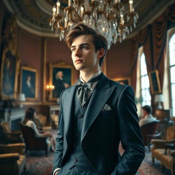 A young aristocrat with brown hair, exuding charm and elegance, standing in a lavishly decorated room filled with luxurious furnishings