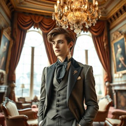 A young aristocrat with brown hair, exuding charm and elegance, standing in a lavishly decorated room filled with luxurious furnishings