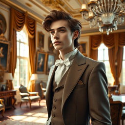 A young aristocrat with brown hair, exuding charm and elegance, standing in a lavishly decorated room filled with luxurious furnishings