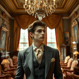 A young aristocrat with brown hair, exuding charm and elegance, standing in a lavishly decorated room filled with luxurious furnishings