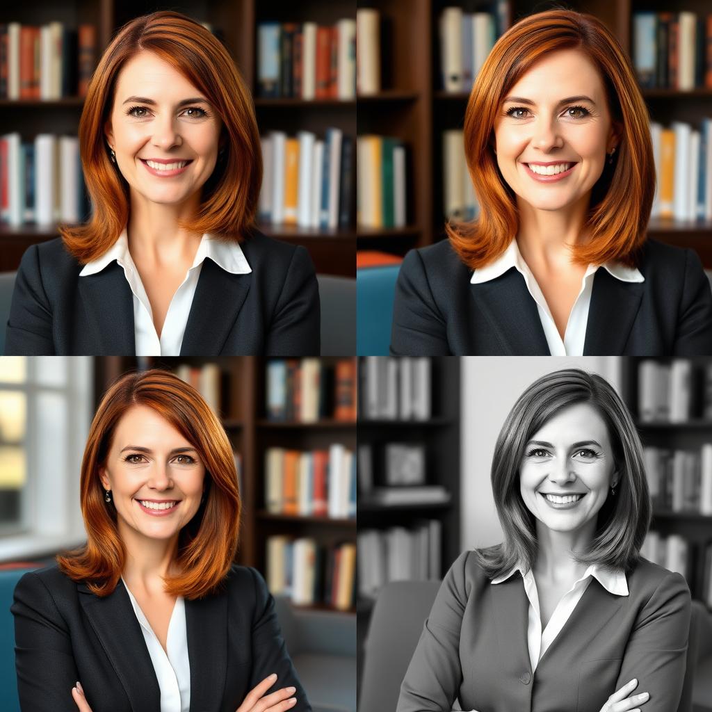 A series of alternative LinkedIn profile pictures for a medium-length, chestnut-haired woman who is a psychologist and educational manager