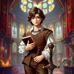 A young aristocrat with brown hair, styled in a Renaissance fashion, standing confidently in a vibrant Dungeons & Dragons setting