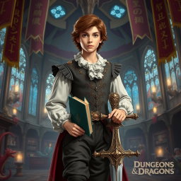 A young aristocrat with brown hair, styled in a Renaissance fashion, standing confidently in a vibrant Dungeons & Dragons setting